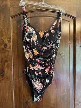 Johnny Was Floral Black Ruched One-Piece Swimsuit- Size Large